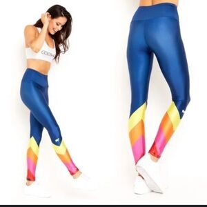 Goldsheep Rainbow Stripe Navy Stretch Leggings Size Medium